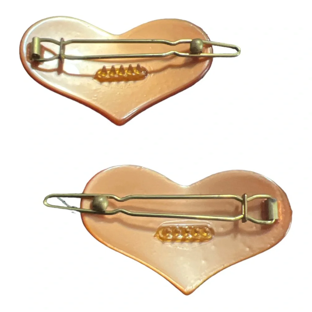 Vintage Pearlescant French‎ Heart Barrettes, Deadstock